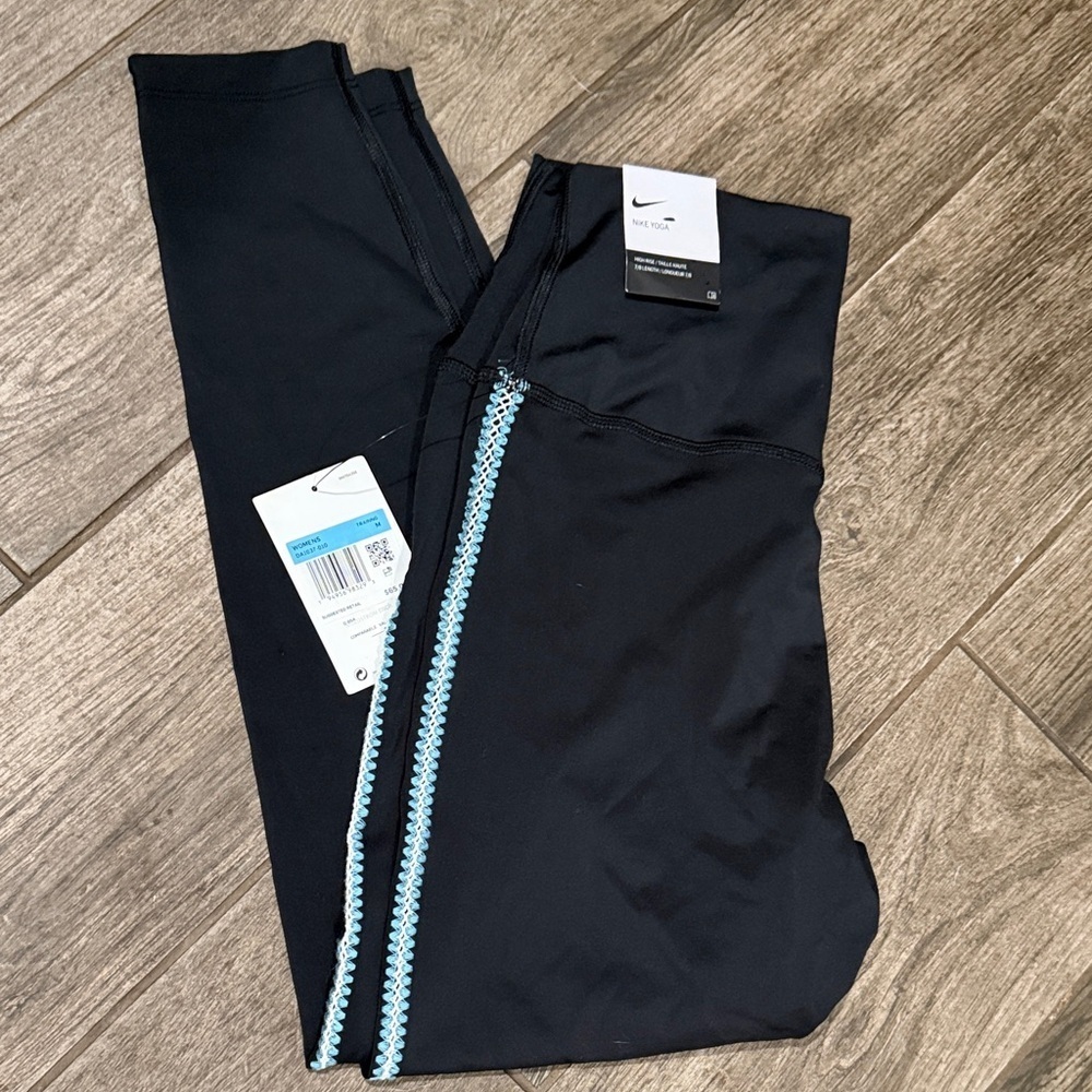 NWT Nike Yoga Black Leggings with Blue Embroidered Accents - Picture 2 of 7